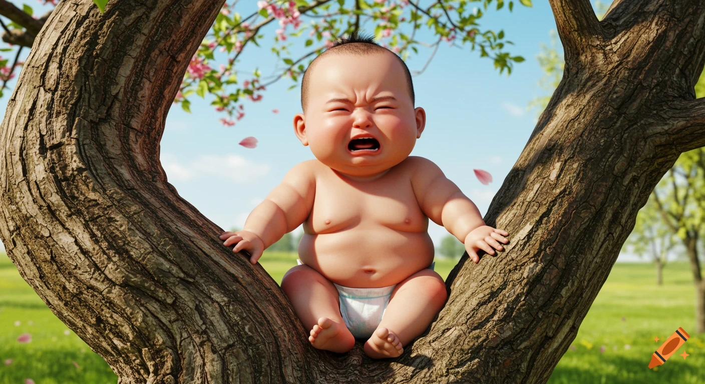 Photorealistic image of a crying chubby baby in a diaper sitting on a tree branch with pink cherry blossoms in a park.