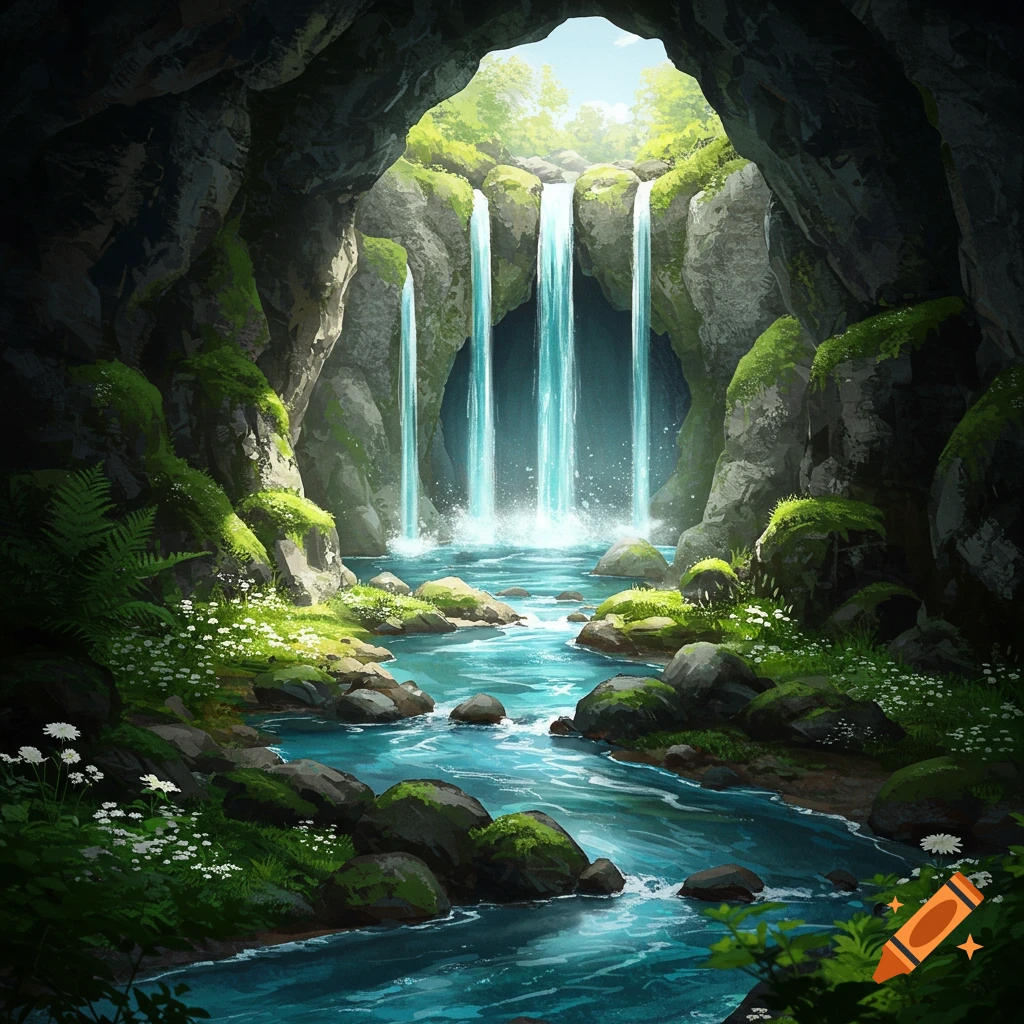 Lush cave entrance with multiple bright blue waterfalls cascading into a vibrant stream, surrounded by mossy rocks and white flowers.