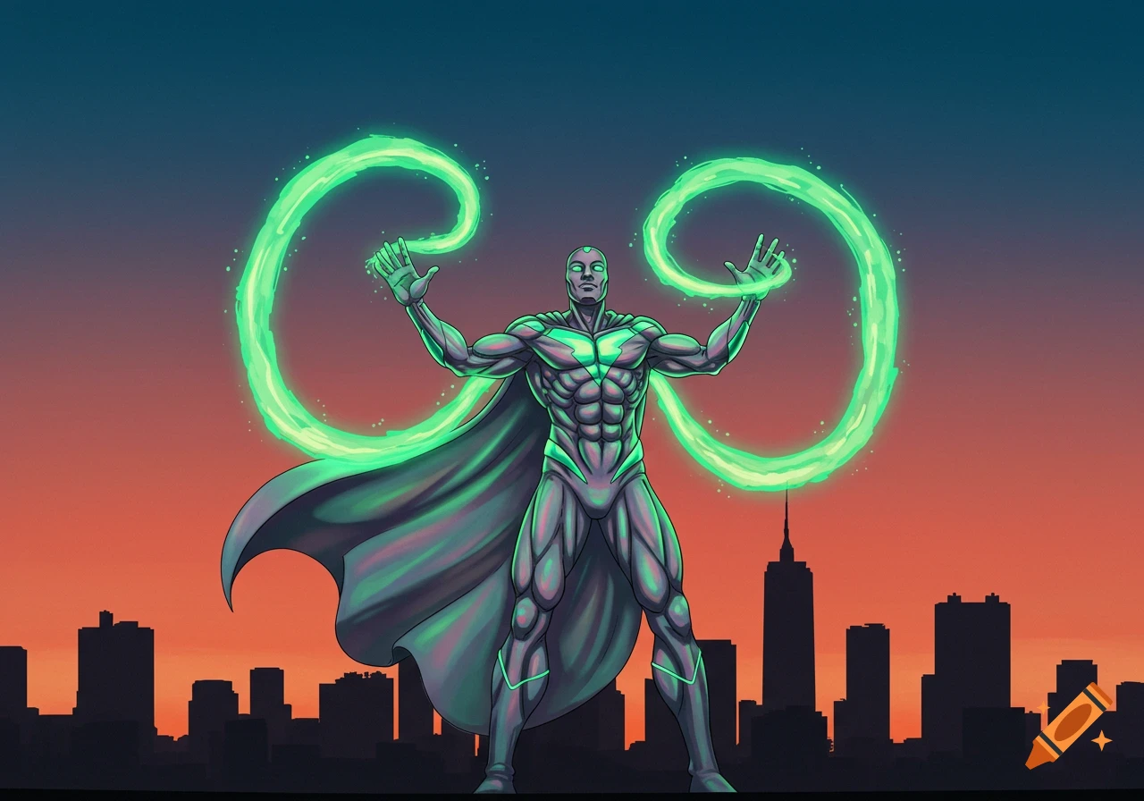 Muscular superhero in a cape wielding glowing green energy from his hands, standing before a city skyline at sunset in comic art style.