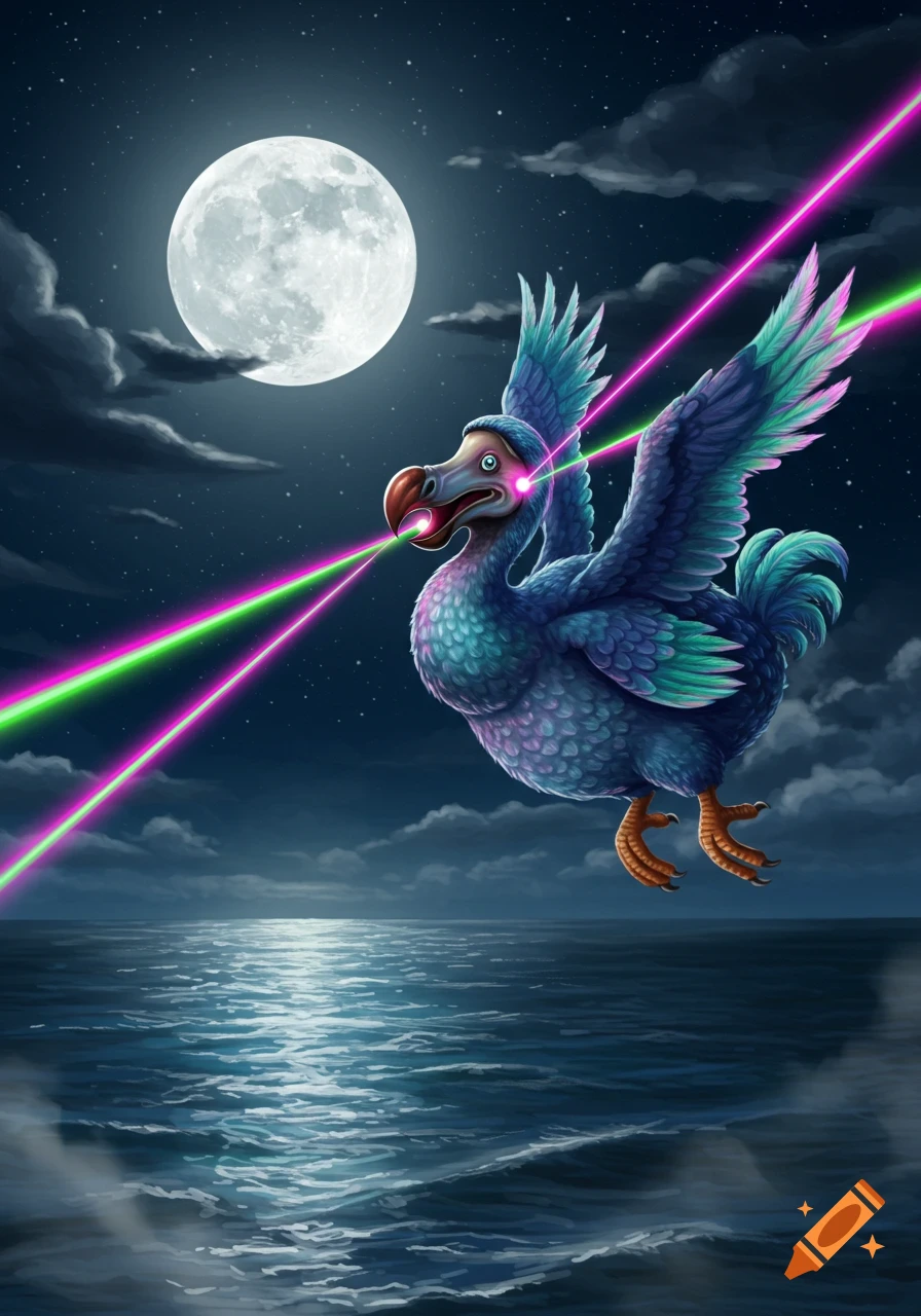 A colorful, stylized dodo bird flying at night over the ocean under a full moon, shooting pink and green lasers from its eyes.