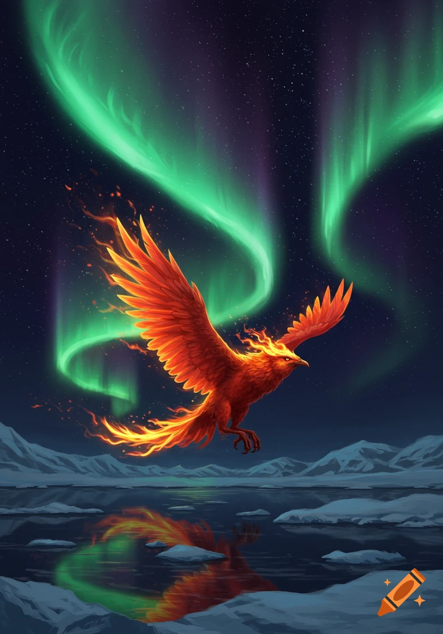 A vibrant illustration of a fiery orange and red phoenix flying over a frozen lake under a bright green aurora borealis night sky.