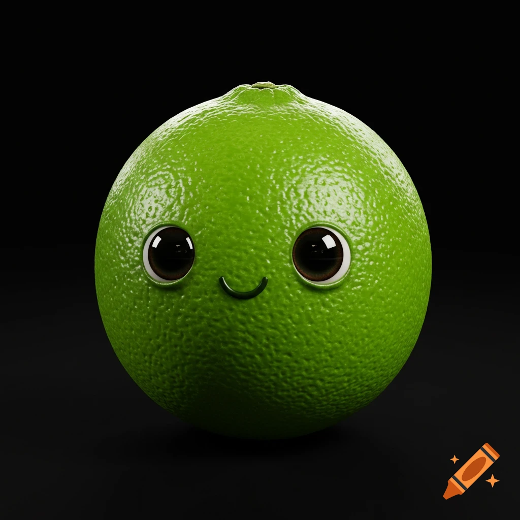 A cute, smiling green lime with large black eyes on a black background, rendered in a realistic digital art style.