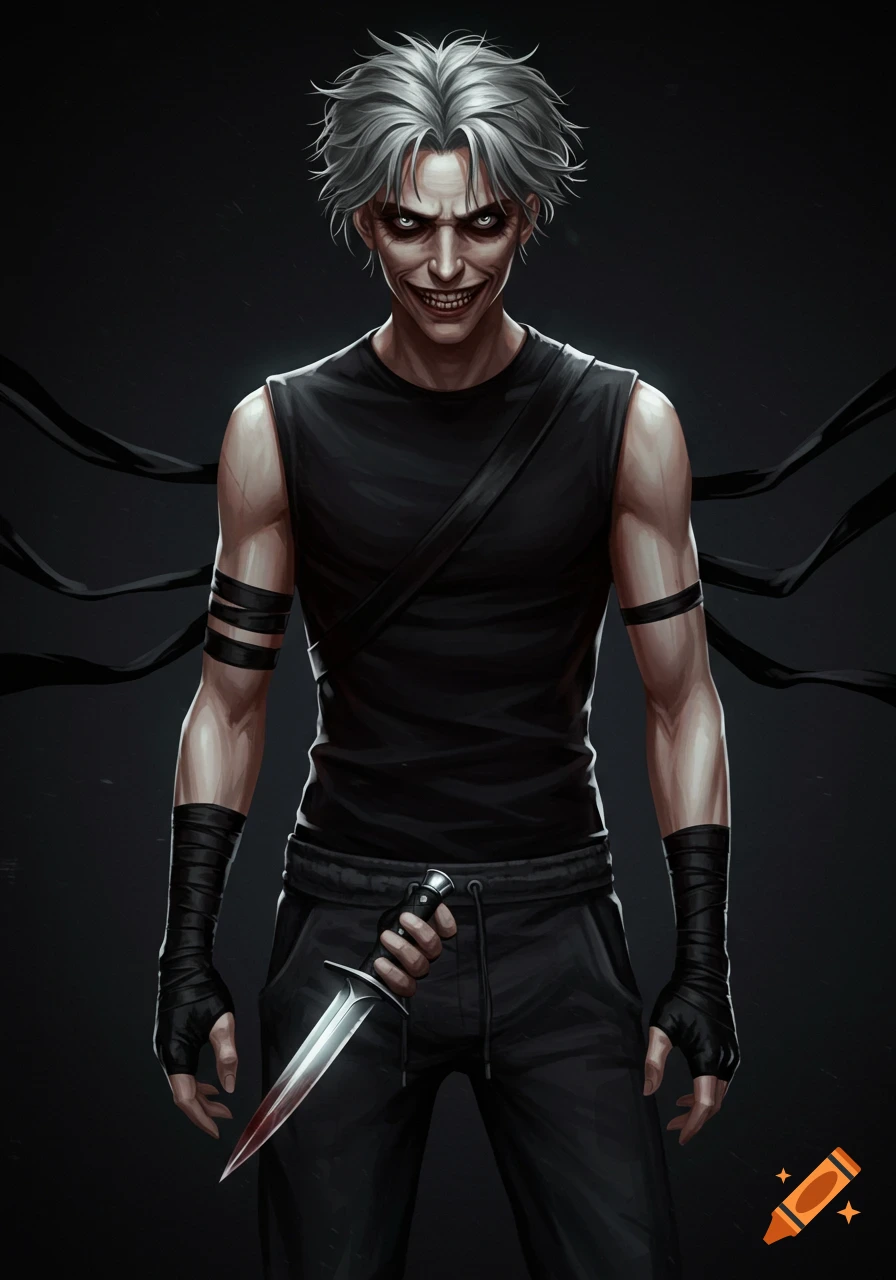 A stylized man with spiky grey hair and a creepy grin holds a bloodied dagger. He wears a black sleeveless shirt, black sweatpants, and fingerless gloves.