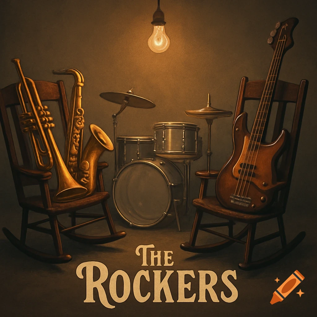 Musical instruments including a trumpet, saxophone, bass guitar, and drum set bathed in warm light from a single bulb, with "The Rockers" text below.