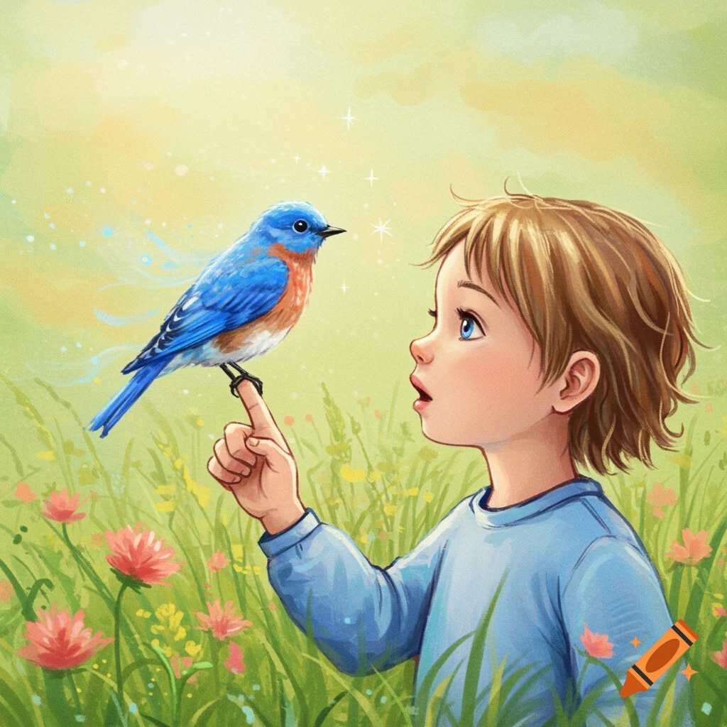 An illustration of a child looking in wonder at a bluebird perched on their finger in a grassy field.