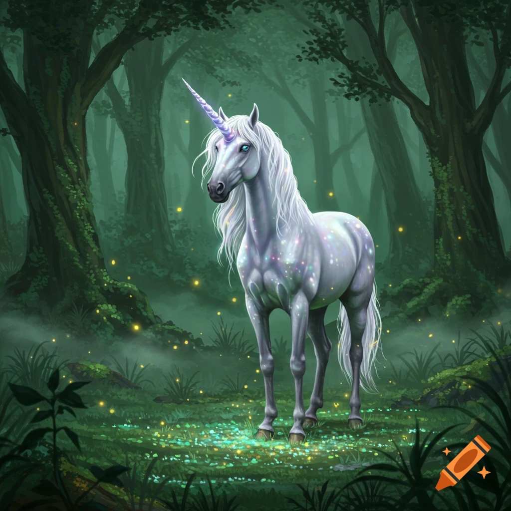 A majestic white unicorn with a purple horn and sparkling body stands in a mystical, dark forest with glowing lights.