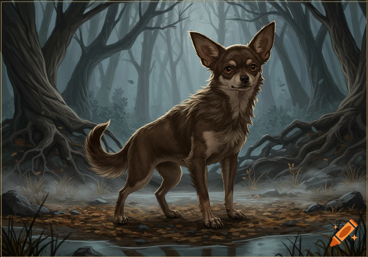 A brown, long-haired chihuahua-like dog with large ears stands in a misty, dark forest in an illustrative style.