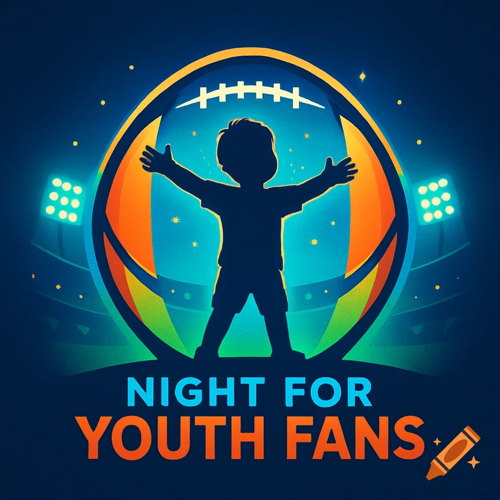 Stylized illustration of a football logo for 'Night for Youth Fans' featuring a child silhouette, stadium lights, and stars.