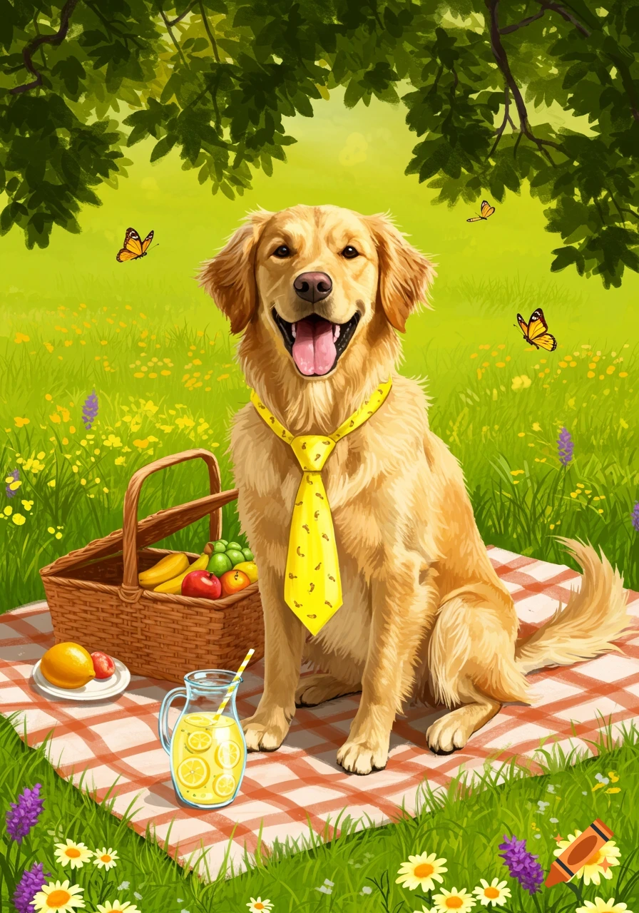 A happy golden retriever wearing a yellow banana-patterned tie sits at a picnic with fruit and lemonade in a sunny meadow.