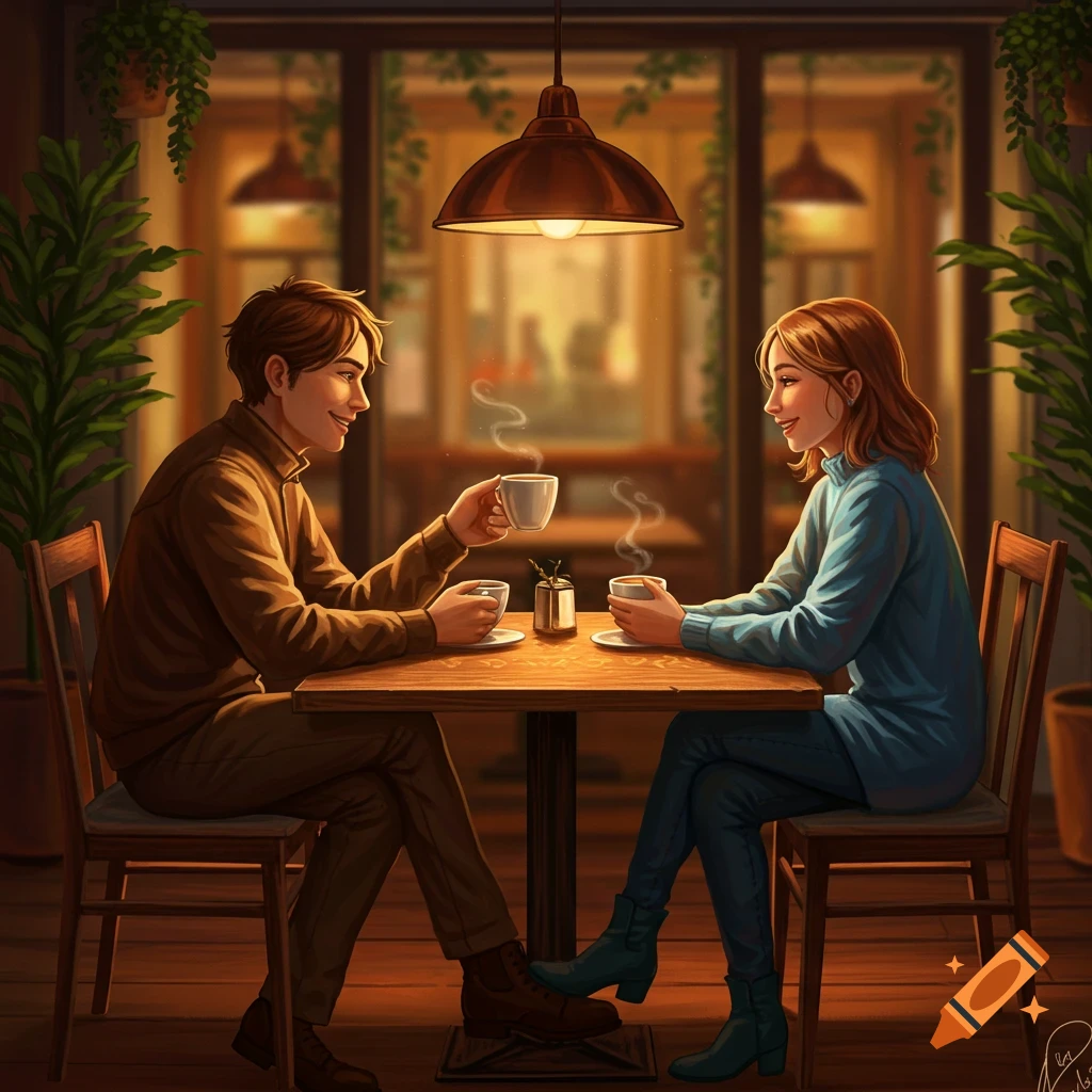 Two people, a man in brown and a woman in blue, smiling over coffee in a warmly lit cafe with plants.