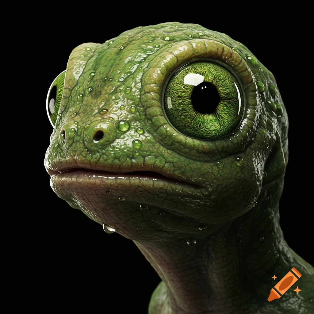 Close-up of a photorealistic green amphibious creature with large vibrant green eyes and wet, scaly skin on a dark background.