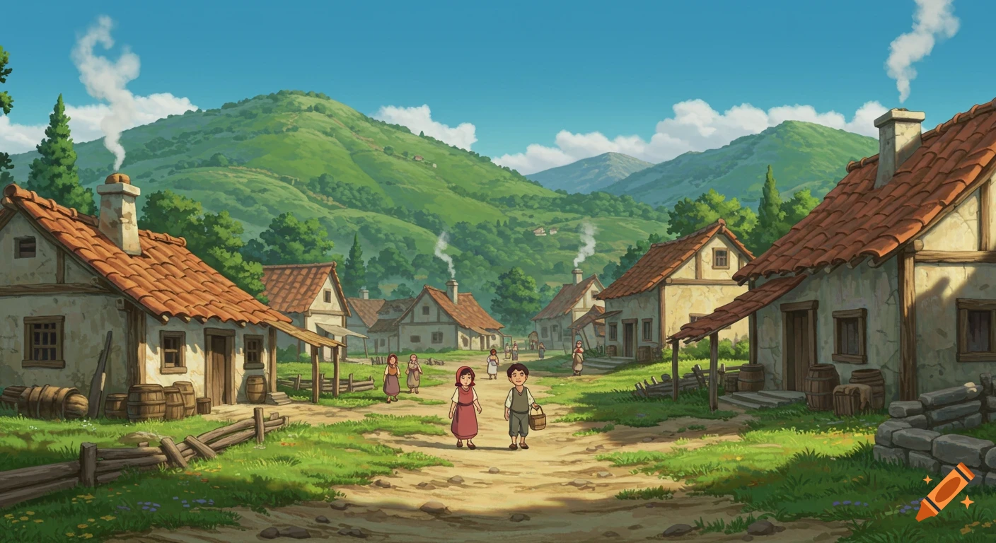 Animated village with clay houses, green mountains, and villagers on dirt paths under a sunny sky in Disney-Pixar style.