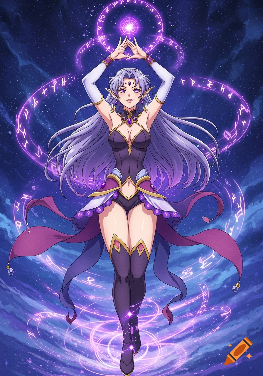Anime female sorceress with long purple hair and purple eyes, casting magic with glowing runes against a starry cosmic background.