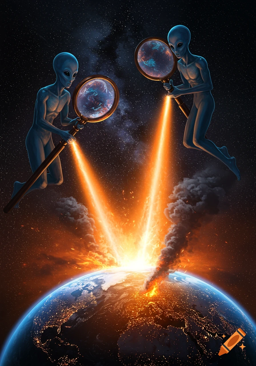 Two grey aliens in space ignite planet Earth with beams from their magnifying glasses, causing a fiery explosion.