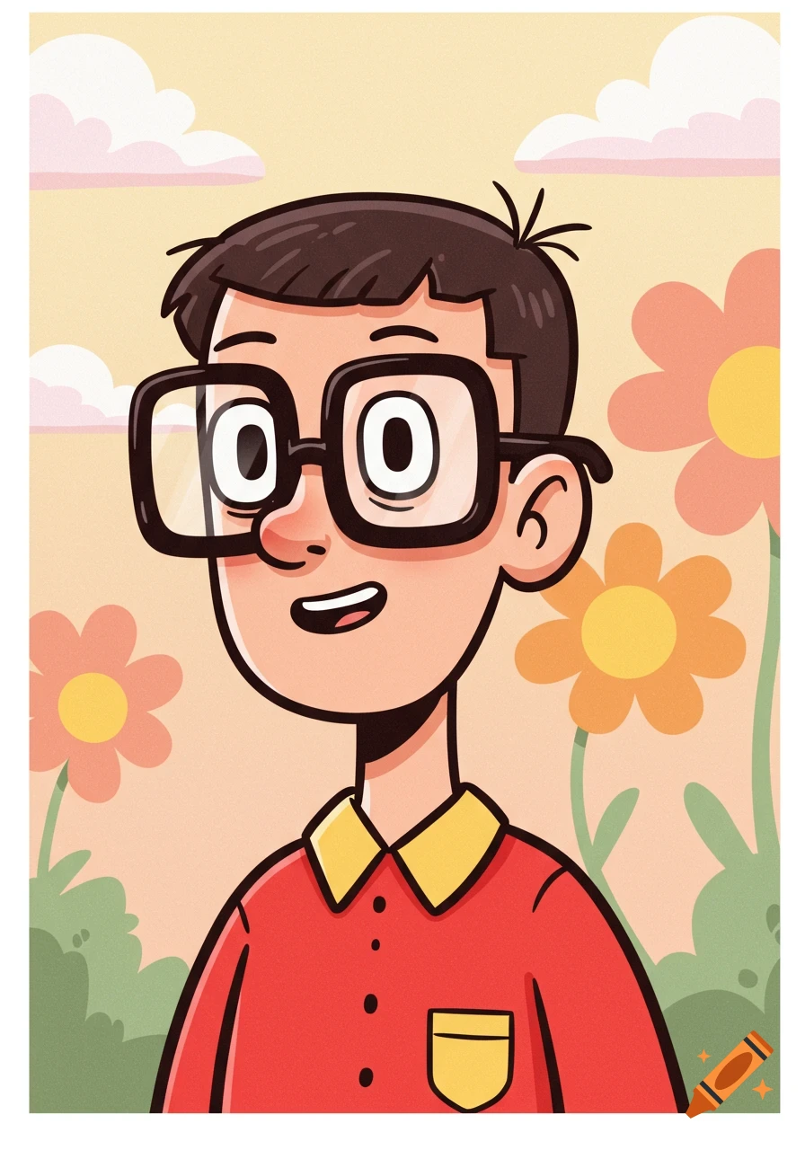 Cartoon portrait of a smiling boy with short brown hair, large black-framed glasses, and a red shirt, against a background of clouds and flowers.