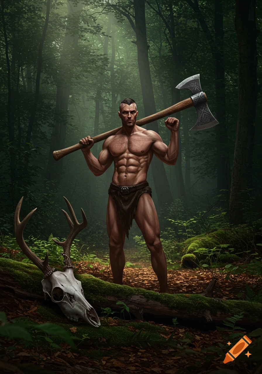 A muscular, bare-chested man with an axe over his shoulders stands in a forest, a deer skull with antlers on a log nearby. Digital art.