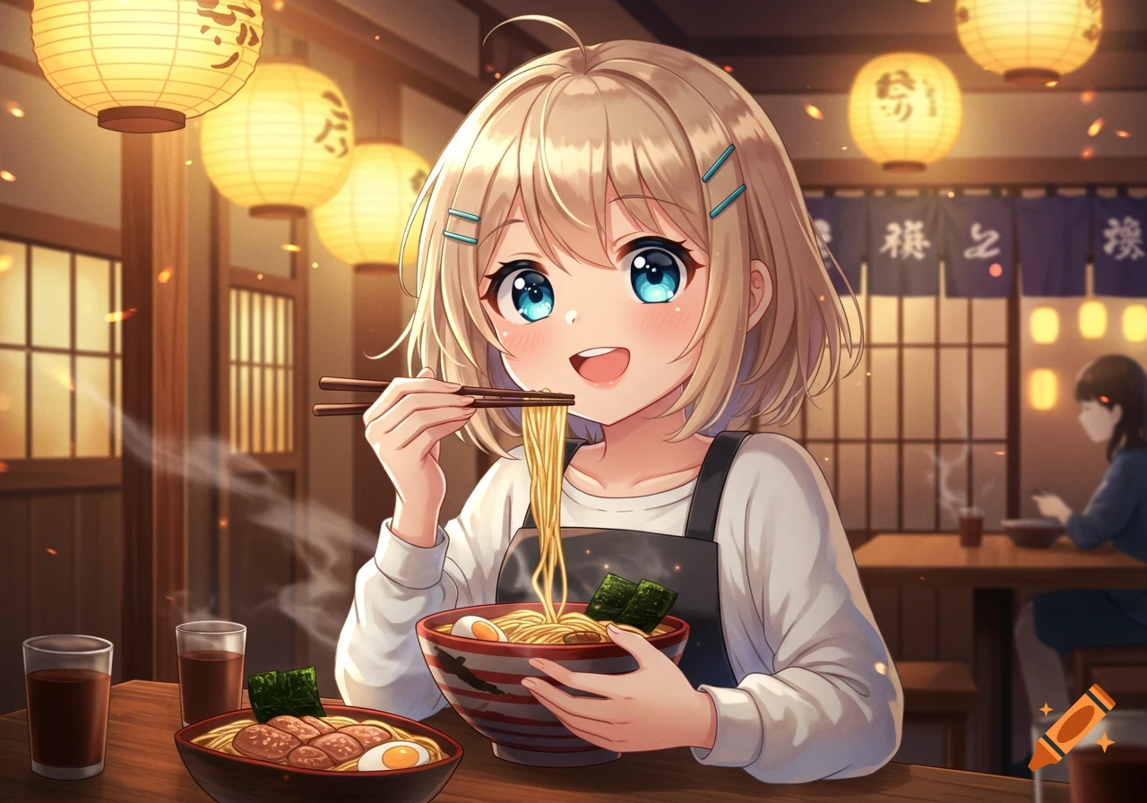 Cute anime girl with blonde hair and blue eyes happily eating ramen with chopsticks in a bustling Japanese restaurant.