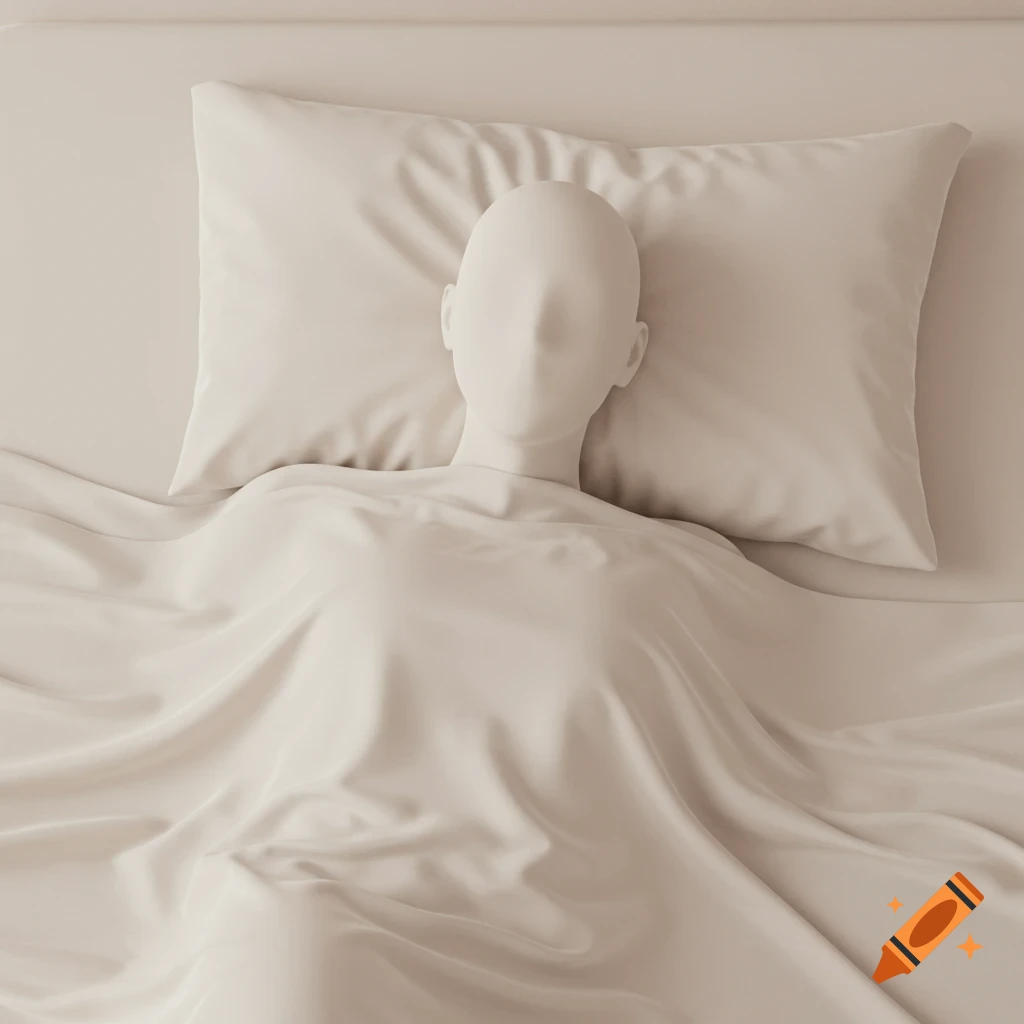 A monochromatic, minimalist 3D rendering of a featureless mannequin head lying in a bed under a blanket.
