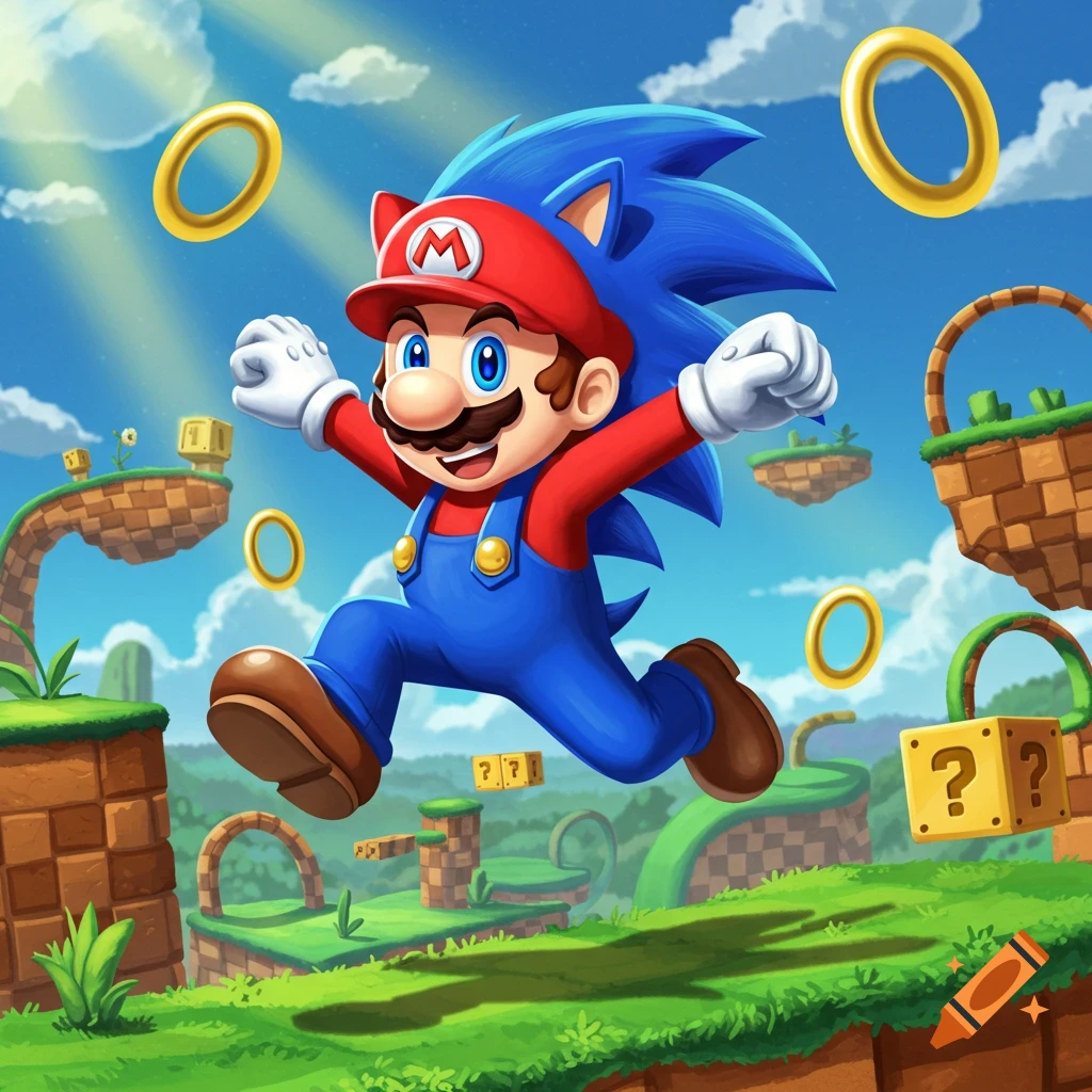 Cartoon Mario-Sonic fusion character with blue quills and red hat runs through a vibrant grassy video game level with golden rings and question blocks.