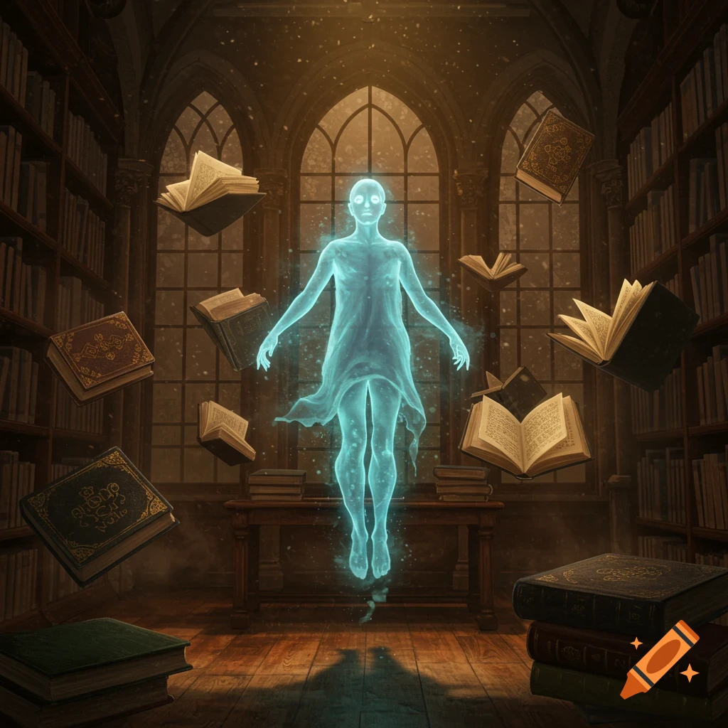 A glowing blue ghost floats in a magical library with books levitating around it. Warm light streams through tall windows.