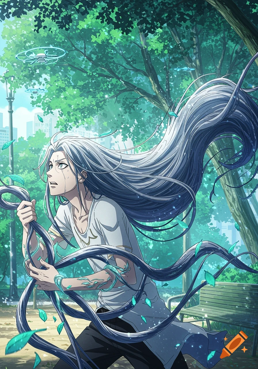 Anime man with long silver hair in a green park, looking distressed while holding his hair, with glowing leaves and drones floating around.