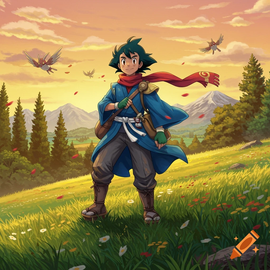 Ash Ketchum in a blue samurai-style outfit and red scarf, standing in a sunny, flower-filled field at sunset with mountains and flying Pok Amon in the distance.