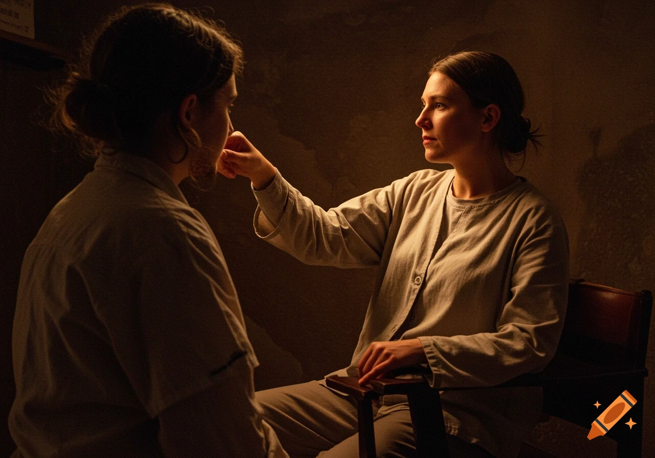 Two women in a dimly lit room, one gently touching the other's face, with a dramatic, cinematic feel.