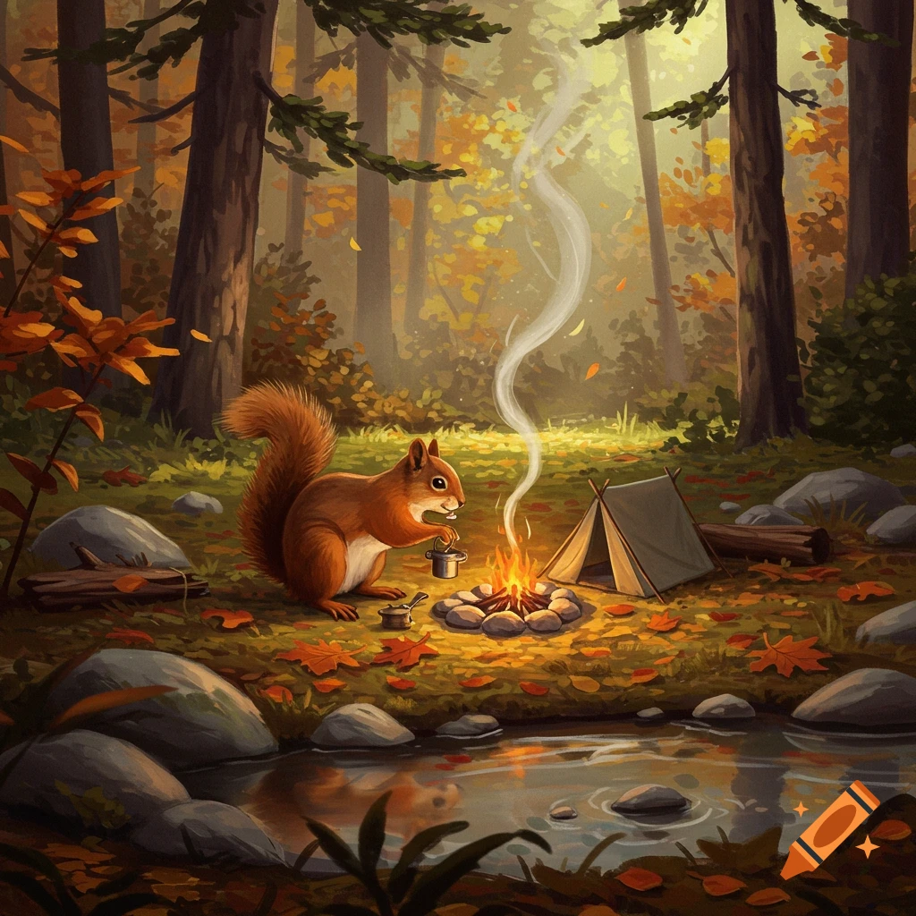 A cute squirrel camps in an autumn forest by a stream, warming itself by a small campfire next to a tiny tent.