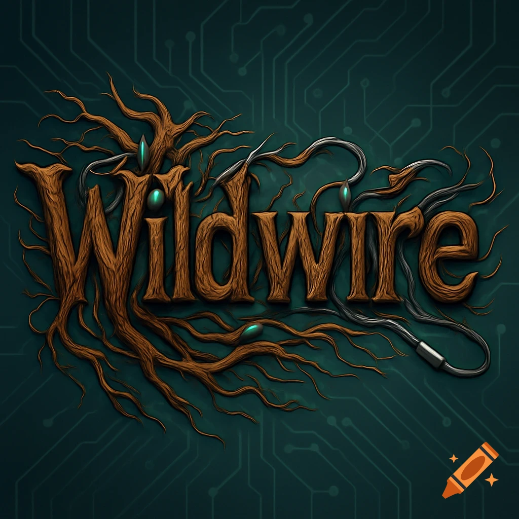 The word "Wildwire" stylized with woody tree roots on the left and electrical cables on the right, against a dark teal circuit board background.