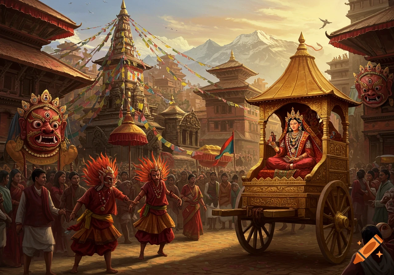 A vibrant Nepalese cultural festival with a goddess in a golden chariot, masked dancers, and large masks on a street lined with temples and mountains.