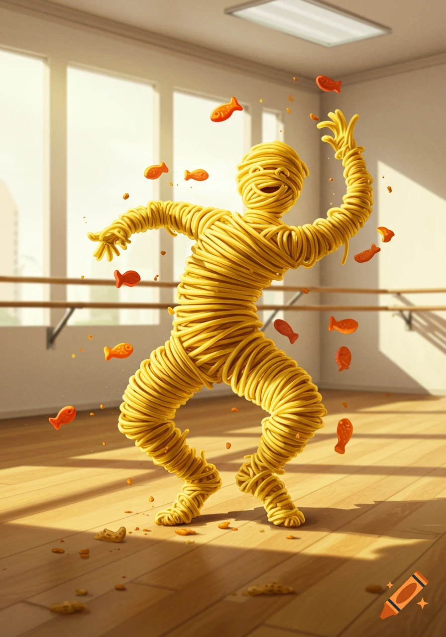 Whimsical illustration of a dancing noodle man in a bright studio, surrounded by floating goldfish crackers.