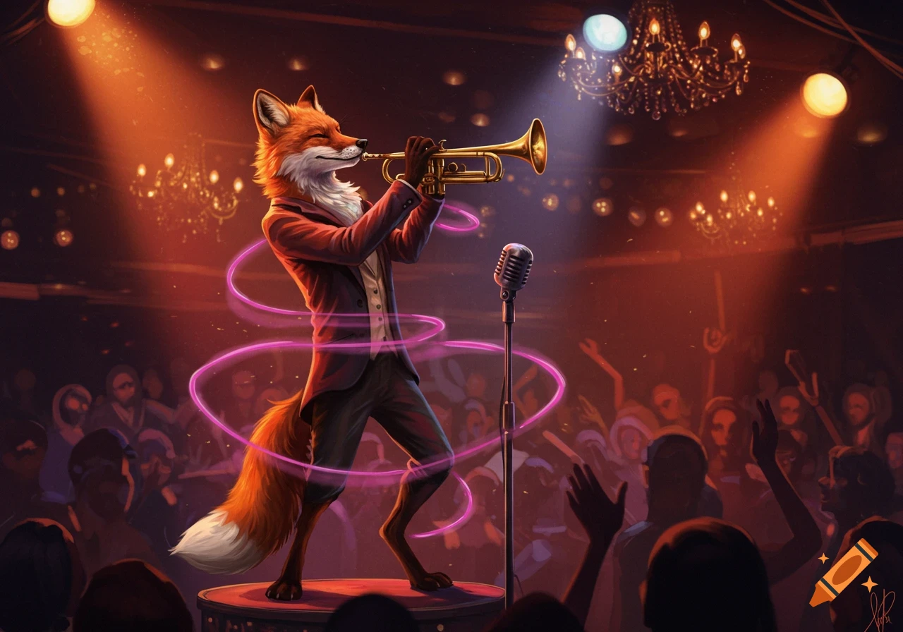 A red fox in a suit playing a trumpet on a brightly lit stage in a nightclub with a cheering crowd.