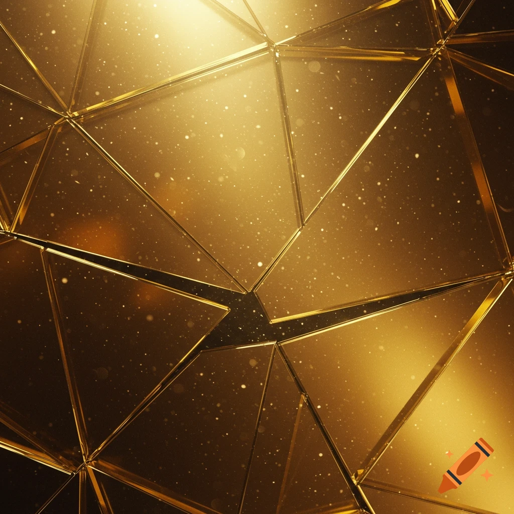 A close-up of a shimmering gold abstract background texture with geometric shattered glass fragments and sparkling dust.