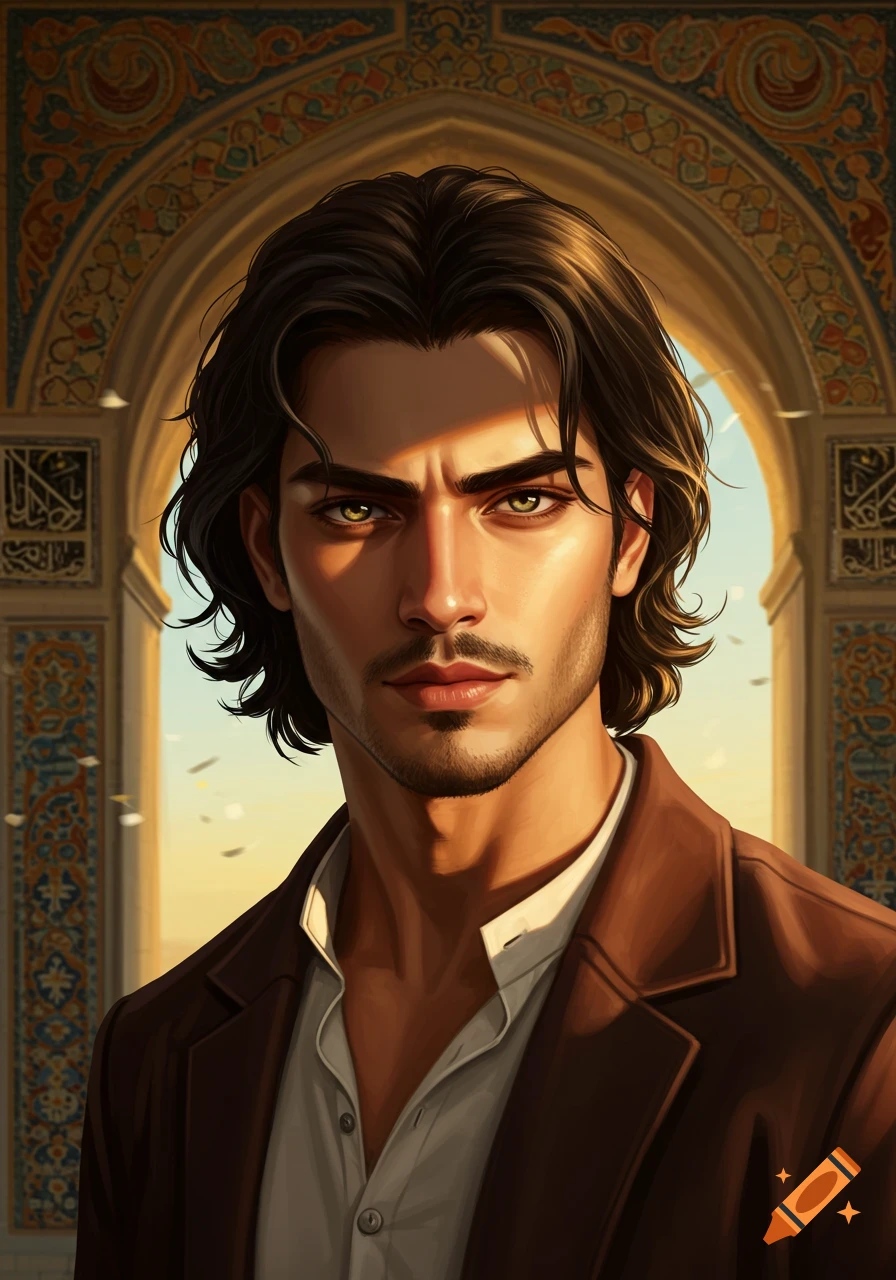 Digital art portrait of a handsome man with dark, wavy hair, hazel eyes, and a goatee, wearing a white shirt and brown jacket, standing before an ornate Middle Eastern archway.