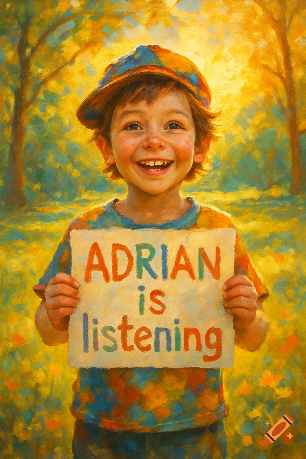 Happy boy in a colorful hat holds a sign 'ADRIAN is listening' in a bright, impressionistic outdoor painting.