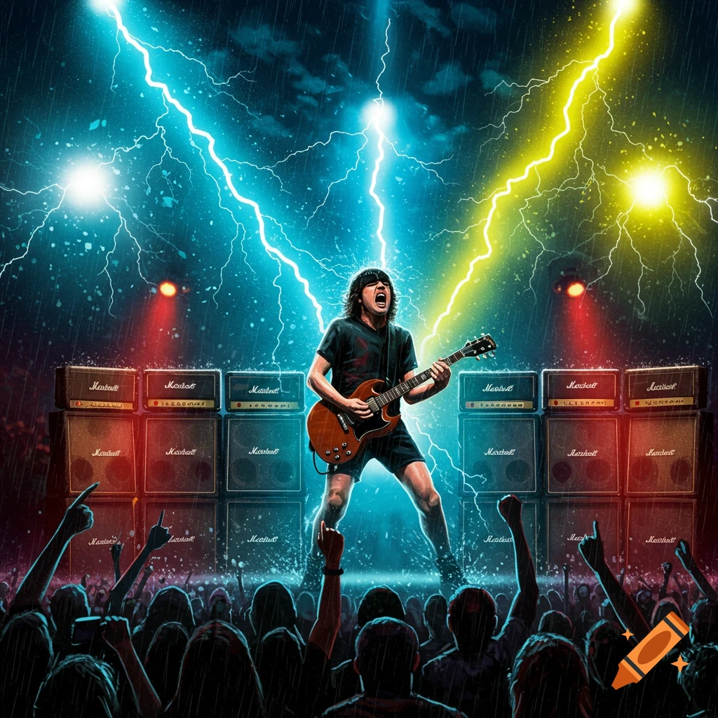 An energetic rock guitarist plays an electric guitar on stage under a stormy sky with lightning, rain, and a cheering crowd.