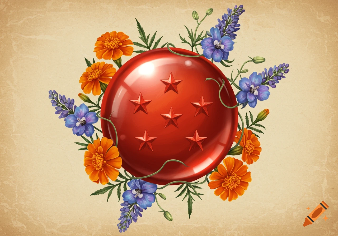 Red seven-star Dragon Ball encircled by orange marigolds and purple larkspur flowers on a vintage textured background.