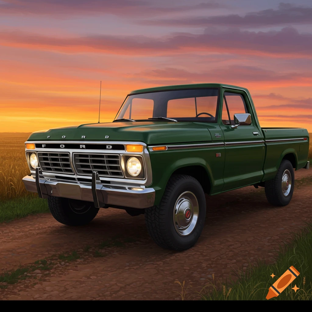 A photorealistic image of a vintage green Ford pickup truck on a dirt road in a field at sunset.