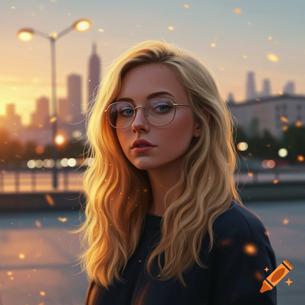 A photorealistic portrait of a blonde woman wearing round glasses, looking directly at the viewer, with a city skyline at sunset.