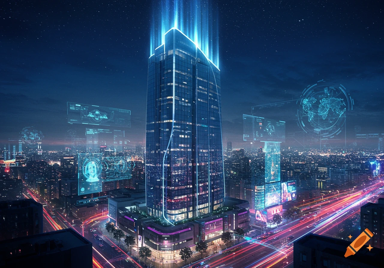 High-angle night view of a futuristic glass skyscraper in a vibrant cityscape, bathed in blue neon light, with holographic screens and streaking vehicle lights.