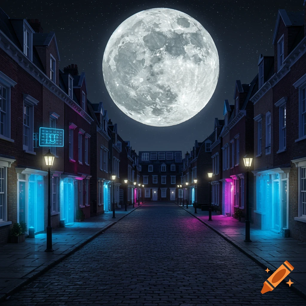 An empty cobblestone street lined with terraced houses glows with blue and pink neon light under a giant full moon at night, giving a futuristic mood.