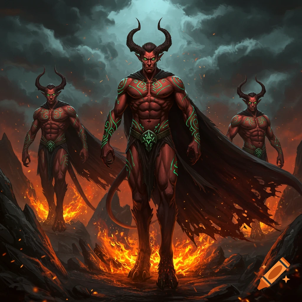 Three red-skinned horned demons with green tattoos and capes stand in a fiery, rocky hellscape. Digital art.