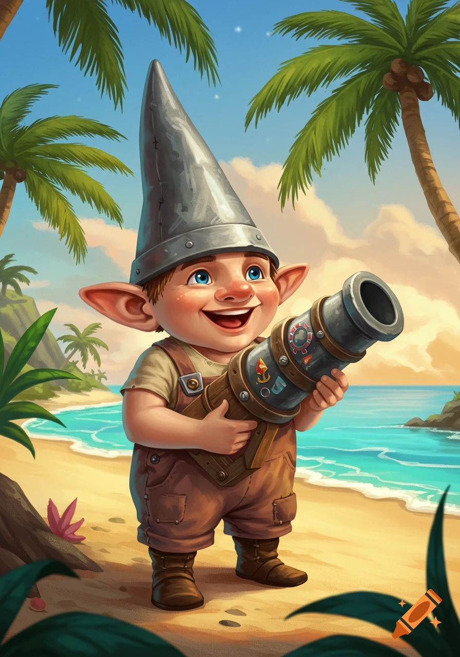 A smiling, cartoon gnome in a metal hat and overalls holds a cannon on a sunny tropical beach.