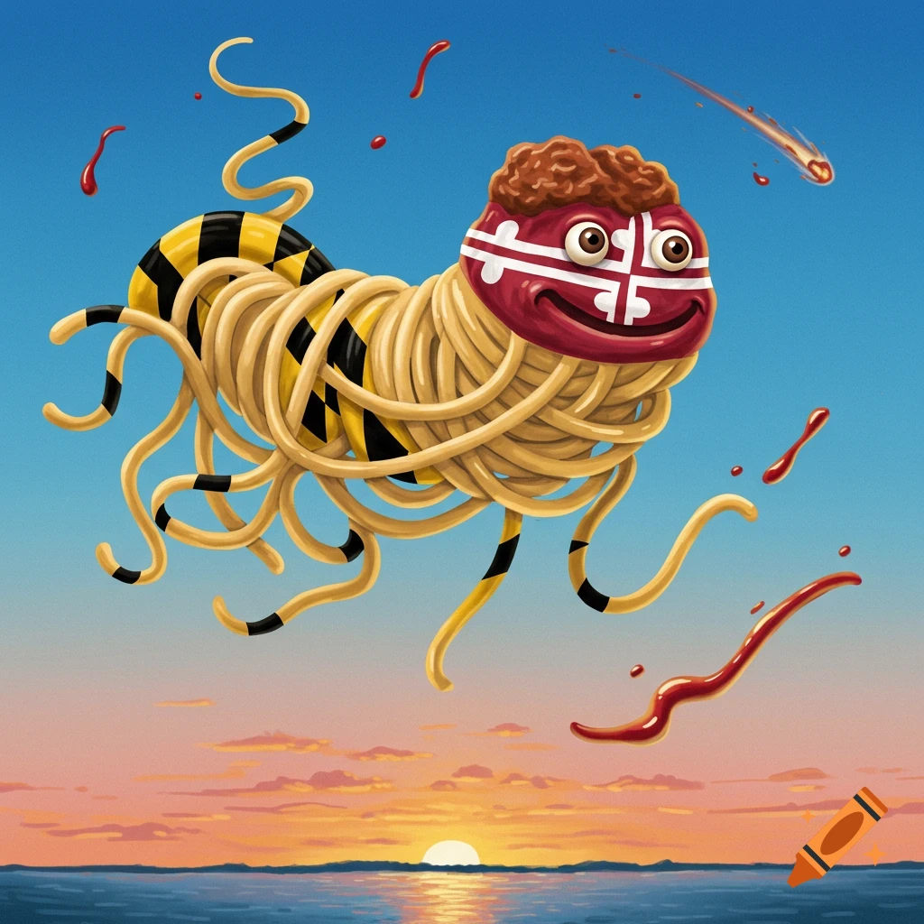 Cartoon Flying Spaghetti Monster with Maryland flag stripes, red face, and sauce drops, flying over a sunset ocean.