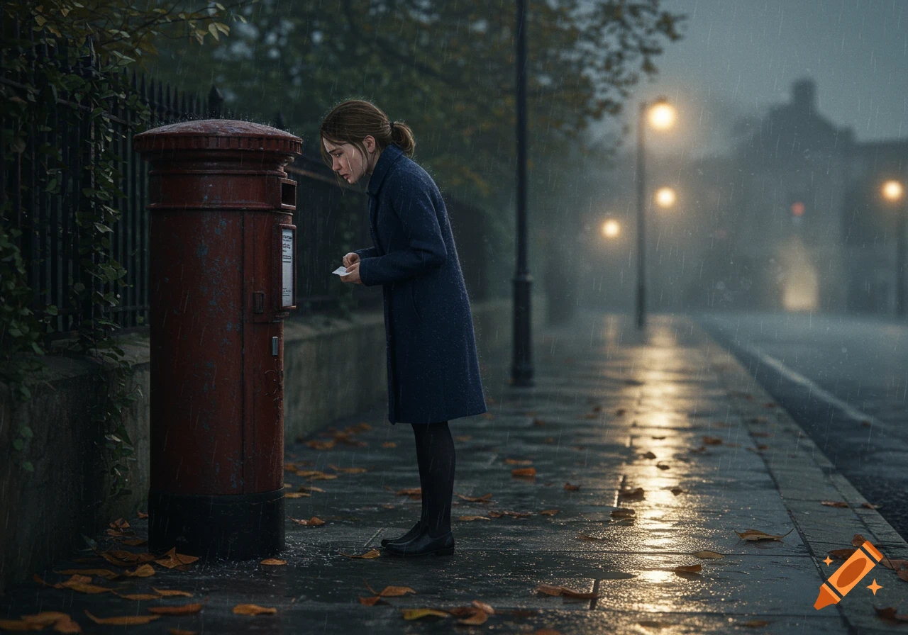 A sad woman in a dark coat looks into a red post box on a wet, rainy street at night with glowing streetlights.
