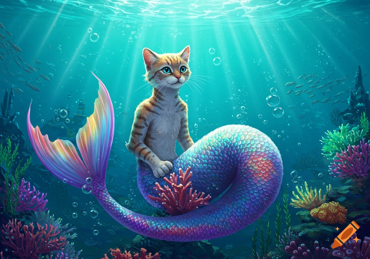 A cute tabby cat with blue eyes and a shimmering rainbow mermaid tail sits among colorful coral in a vibrant underwater scene with sunlight streaming from above.