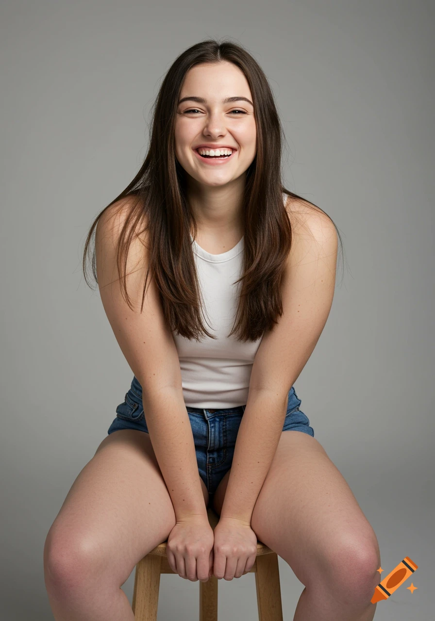 Photorealistic portrait of a smiling young woman with long brown hair, wearing a white tank top and denim shorts, sitting on a stool.