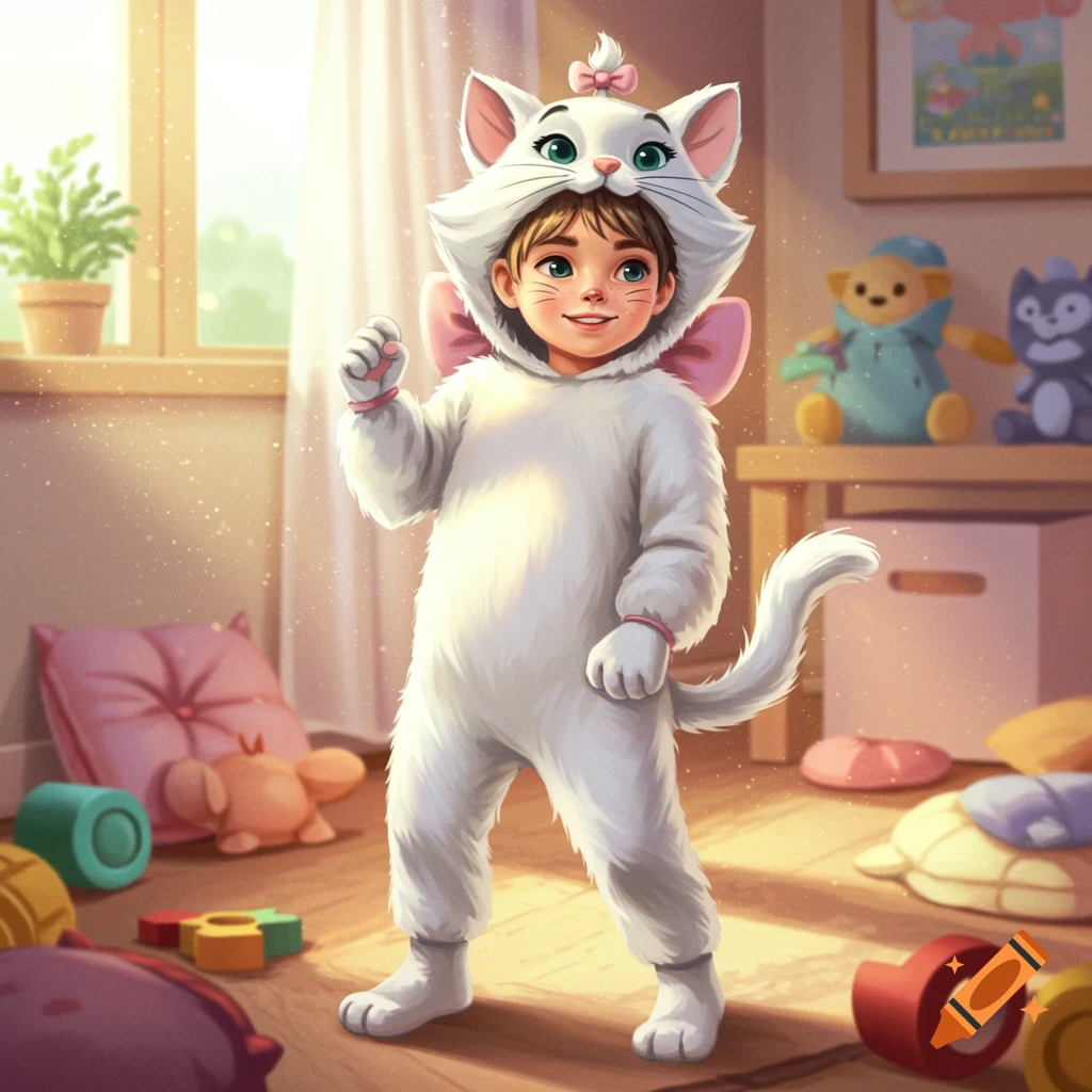 A smiling young child in a fluffy white cat costume with pink bows stands in a sunny, toy-filled room, in a bright cartoon illustration style.
