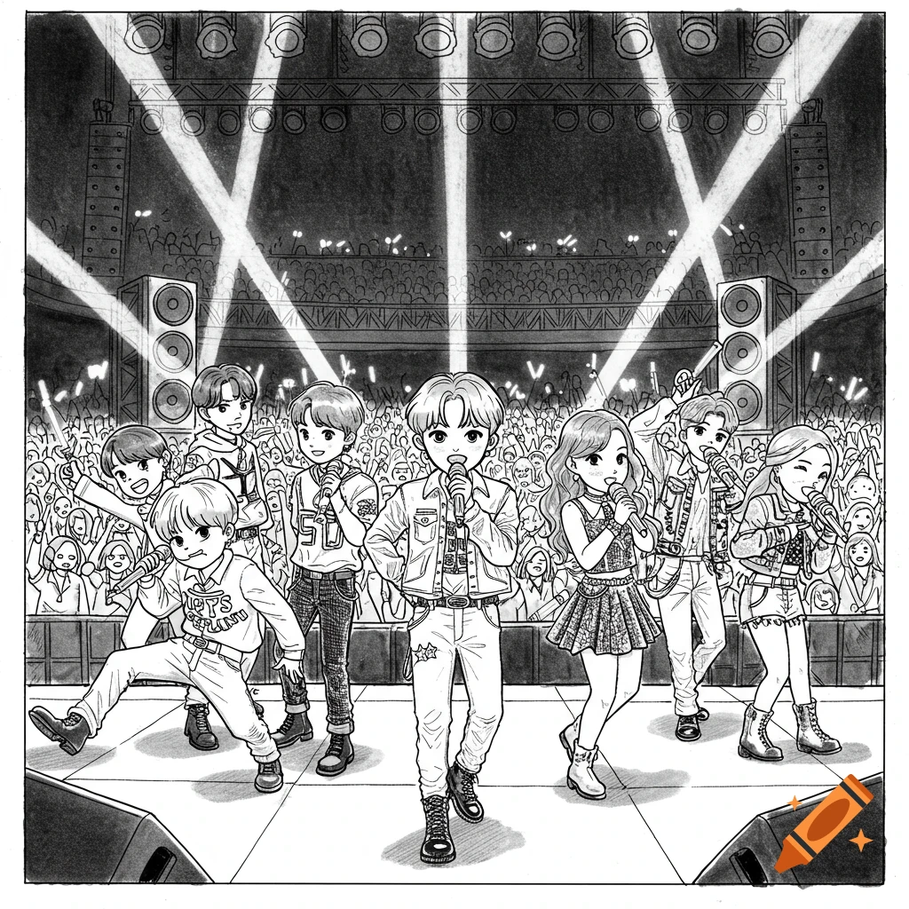 Black and white line art illustration of seven kawaii K-pop idols performing on a concert stage with fans and spotlights.