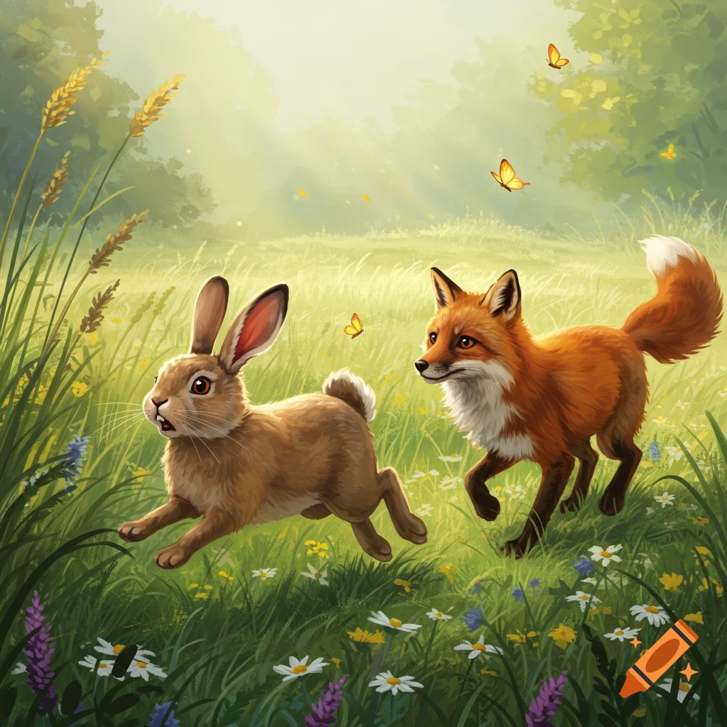 A brown rabbit with wide eyes leaps through a sunny, wildflower-filled meadow, followed by an orange fox, in a vibrant illustration.